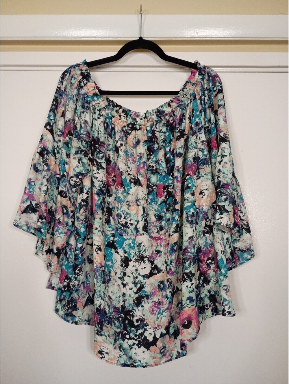 Boutique Blouse Women 2X Abstract Floral Bell Sleeve Peasant Boho Artsy
